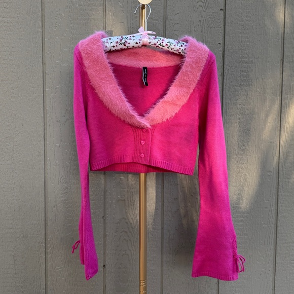 Urban Outfitters Sweaters - Y2K Pink Fuzzy Trim Cropped Cardigan